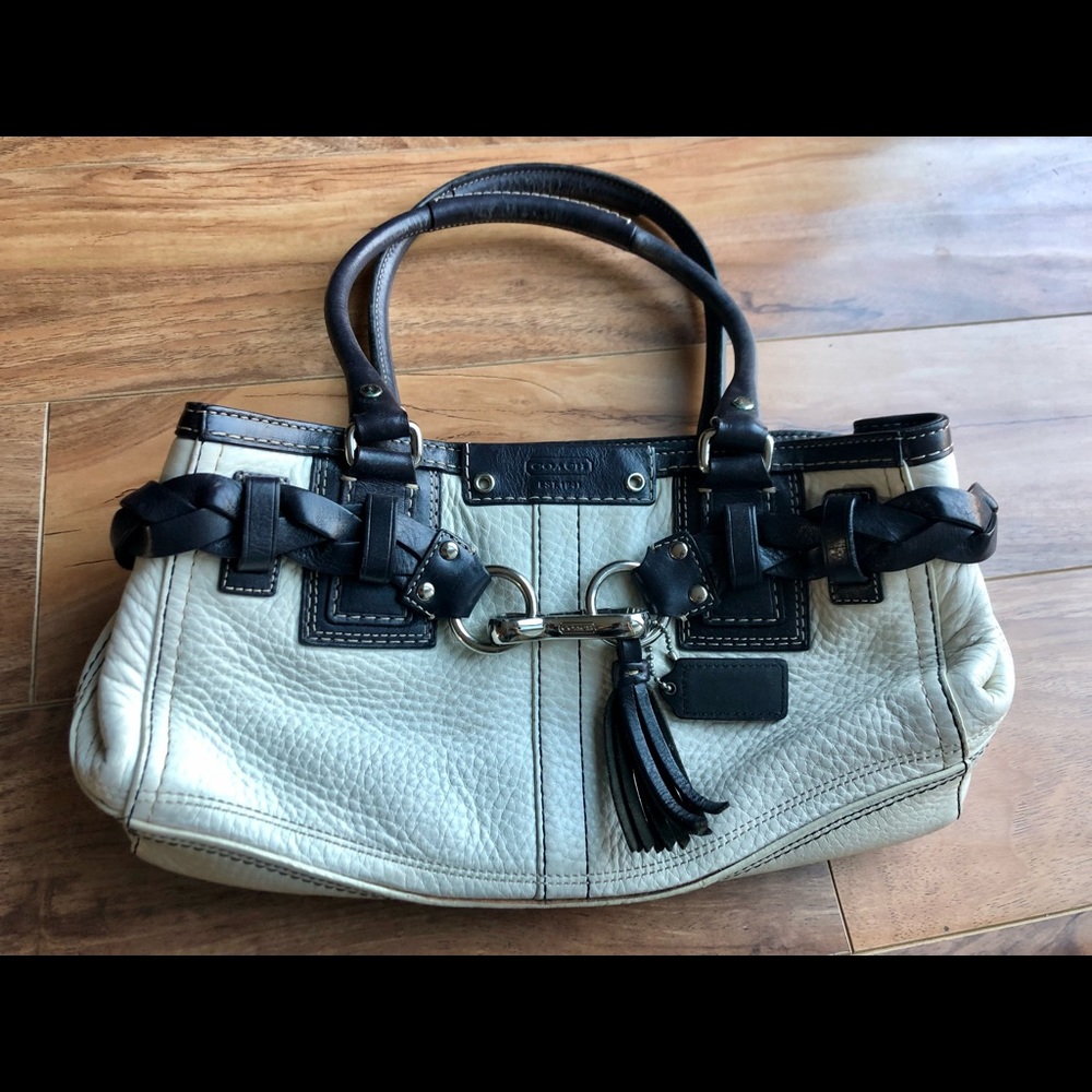 Coach Hampton F13084 Black and White Pebbled Leather Braid Accent Bag Purse